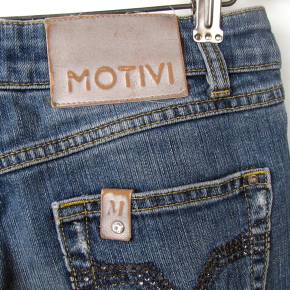 Motivi Women Jeans Size 4 Tapered Legs Low Rise Medium Wash Distress Rhinestones - Picture 6 of 8
